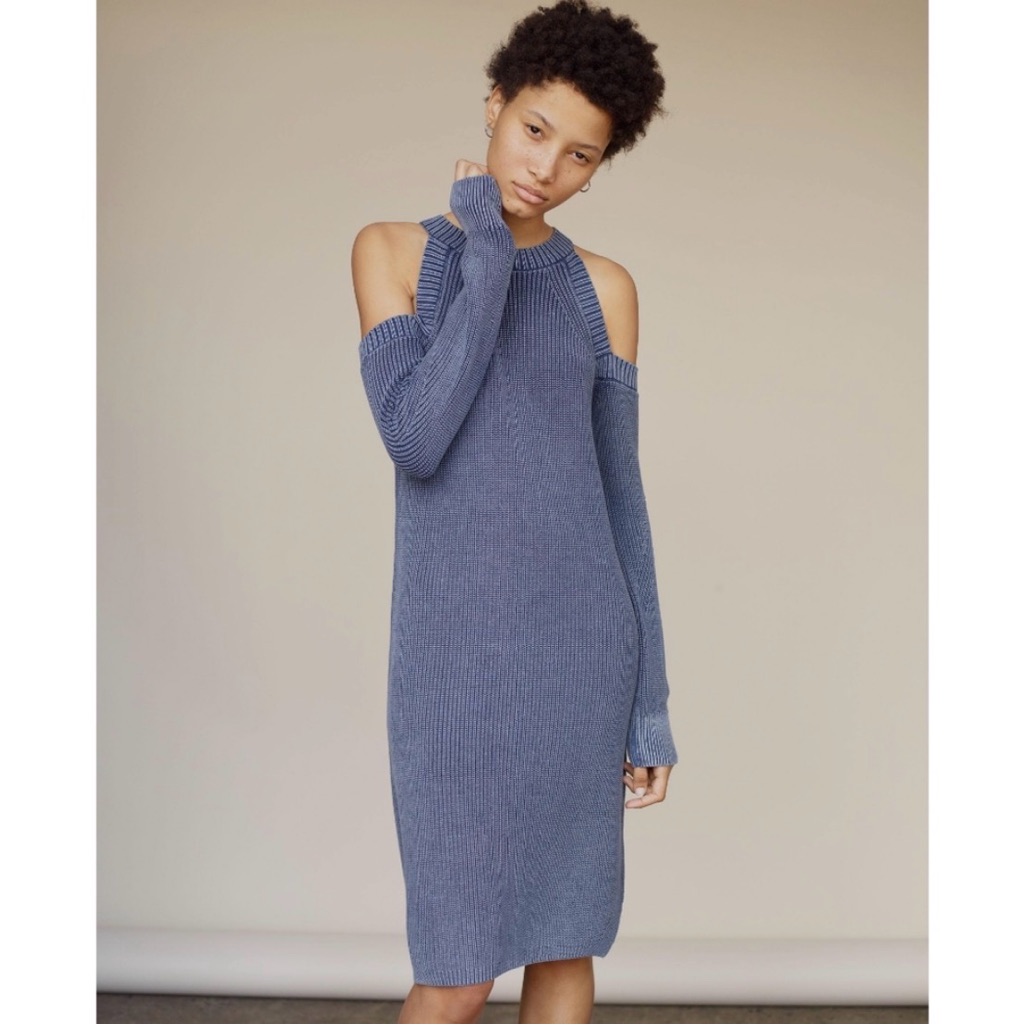 Rag & Bone Jean S Dana Indigo Blue Cold Shoulder Long Sleeve Knit Dress